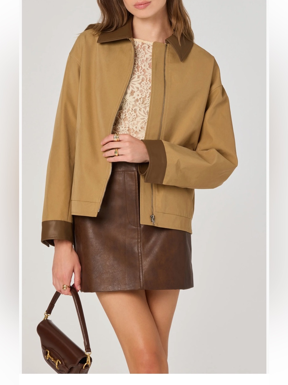 Astr the label - Two-Tone Tan and Brown Cropped Bomber Jacket